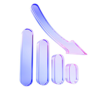 Glass hologram bar chart 3d icon with down arrow. Financial crisis, downgrade, bankruptcy, market crash, fall in stock indexes, rise unemployment. Purple blue falling graph isolated