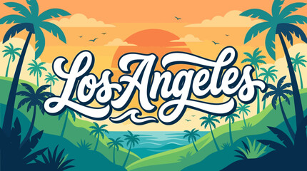 Obraz premium Los Angeles city silhouette with palm trees and sunset background illustration.