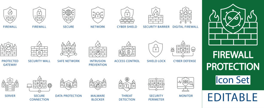 firewall protection icon set: professional network security wall and cyber shield, computer server data protection, safe gateway intrusion prevention, and threat detection line icons