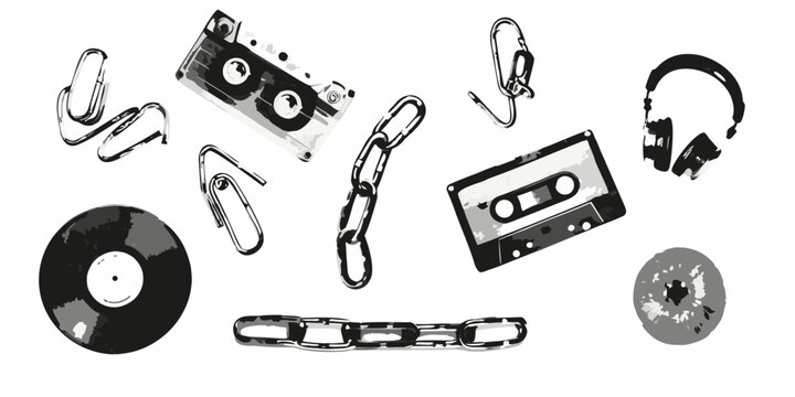 Collection Of Audio Cassettes Vinyl Record Headphones And Metal Chain Elements In Black And White