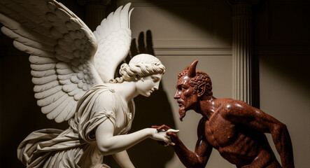 Obraz premium Marble angel and red stone devil sculpture facing each other. Classical statues holding hands in dramatic museum lighting. Morality concept ideal for religious and philosophical content.