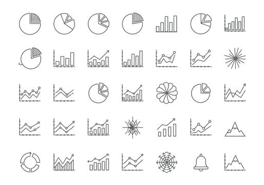 A collection of various business and finance line icons and graphs