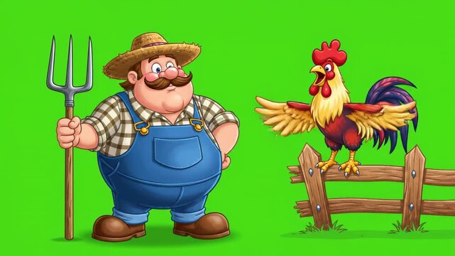 Farmer with Pitchfork interacting with Rooster against green screen for animation
