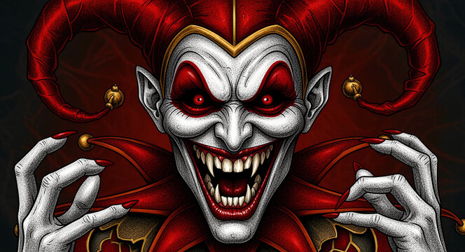 Sinister jester with sharp fangs and glowing red eyes grinning maliciously. Evil harlequin clown features red and white makeup and pointed hat with bells. Horror and chaos concept for Halloween.