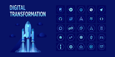 Isometric rocket ship icon with surrounding digital transformation pictograms flat vector design spaceship launch © Ranajit