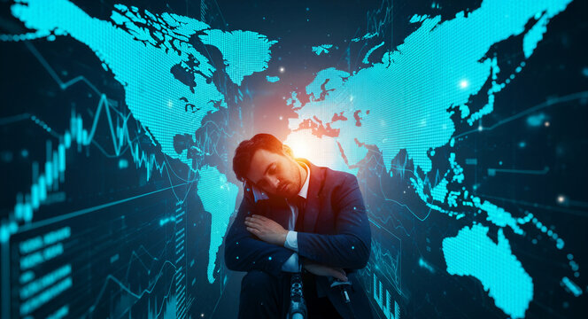 Exhausted businessman sleeping against a digital backdrop of world maps and financial charts. Professional male overwhelmed by global data. Burnout and economic stress concept for business media.