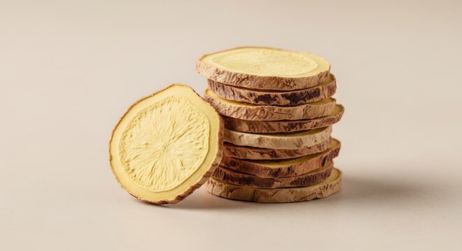 Stack of dried ginger root slices on a neutral beige background
