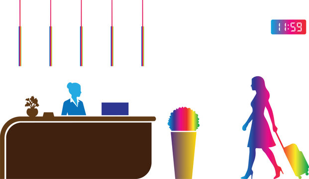 Woman checking in at hotel reception desk vector illustration with check in reception vacation traveler hospitality arriving receptionist check-in business traveling accommodation