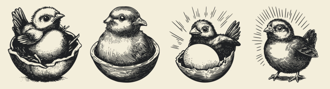 A collection of four vintage-style illustrations of birds and hatchlings nestled in nests. The artwork captures the adorable essence of new life, showcasing various stages from eggs to young birds. Ea