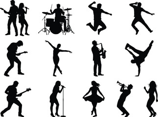 Music and Dance Performance Silhouettes Set Featuring Musicians Singers Dancers and Stage Entertainment Figures © MdShah