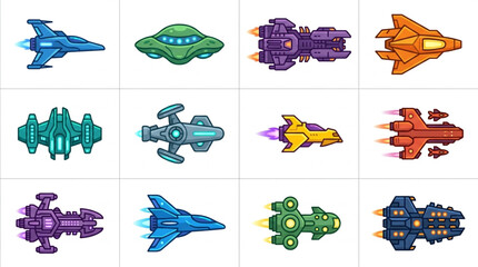 Collection of diverse cartoon spaceships and alien UFOs in various colors and designs. © amira
