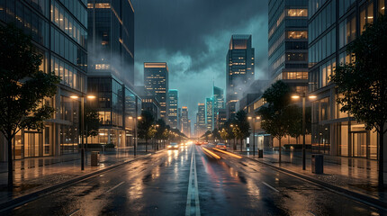 Obraz premium Empty city street at night with glowing lights and reflections on a wet road in a modern downtown urban district
