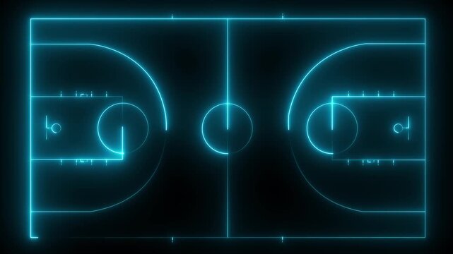 Basketball court line diagram in top view with chine outlines on bright black background.