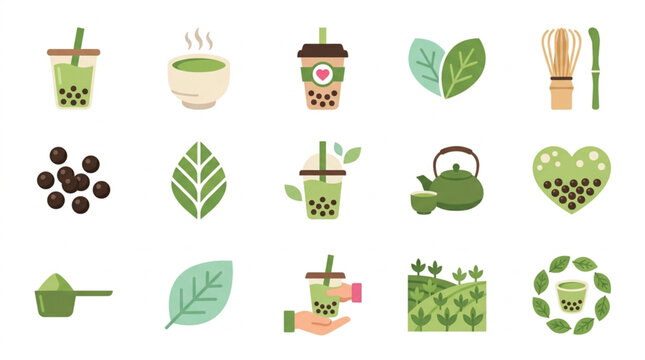 Collection of cute matcha tea and bubble tea icons.