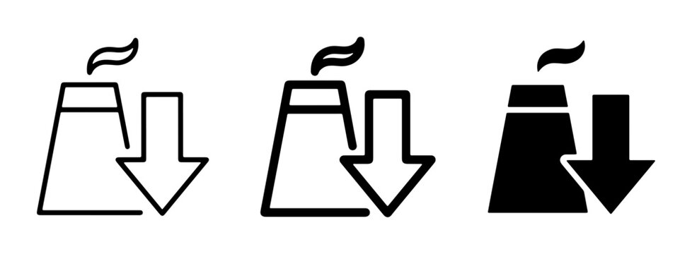 Factory Icon with Downward Arrow, Industrial Production Decrease, Emission Reduction Concept, Energy Efficiency Symbol