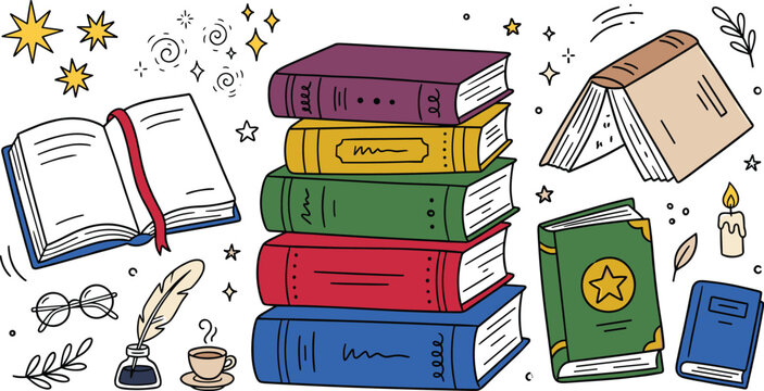 Vector doodle collection of cozy magic books featuring colorful stacked textbooks open novel hardcovers feather quill inkwell glasses and candle for reading design