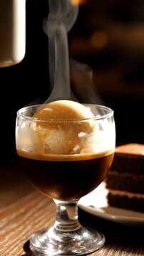 Premium Shot Of Espresso Shot Being Poured Over Vanilla Gelato In Glass Cup With Swirling Coffee And Melting Cream In Moody Cafe Lighting Affogato Hot And Cold Contrast Dessert