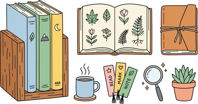 Vector doodle collection of cozy reading elements featuring books on bookshelf open botanical notebook leather journal bookmarks magnifying glass coffee and succulent plant