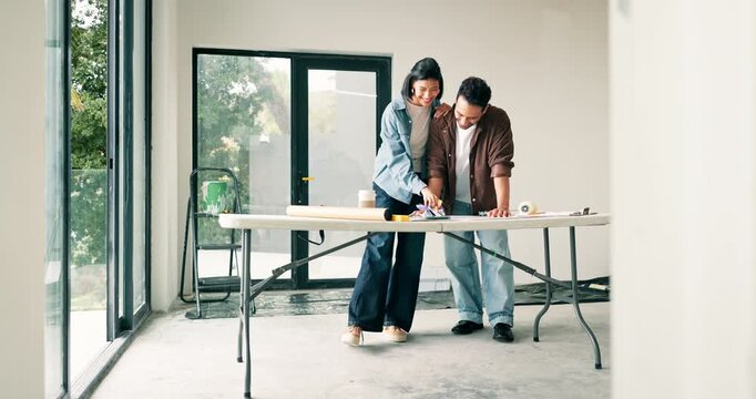 Couple, planning and moving in new house with color swatch, interior design decision or renovation. Married people, talk and paint options in home for remodeling project, property upgrade or makeover