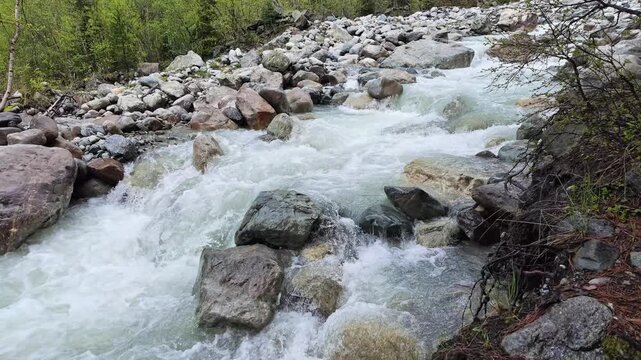 Fast flowing mountain river with crystal clear water rushing over stones and rocks in Svaneti Georgia