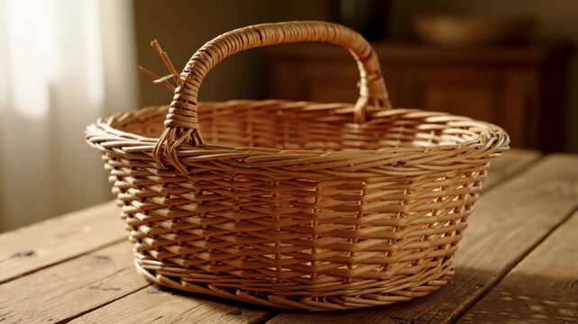 Willow basket on wooden tabletop, close-up of rattan basket on wooden table