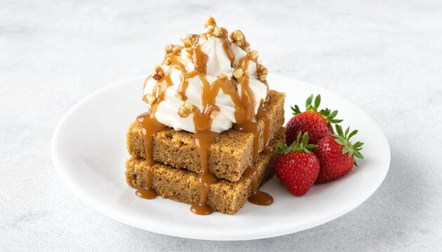 Delicious blondie cake with chocolate chips, whipped cream, caramel drizzle and fresh strawberries.
