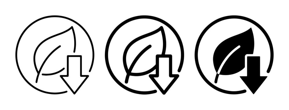 Eco-friendly icons, leaf symbol with downward arrow, representing sustainability and reduction, set of three minimalist vector graphics