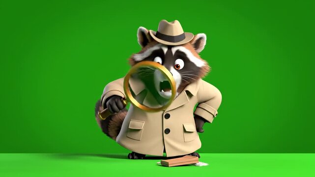 Anthropomorphic raccoon detective in trench coat examining with magnifying glass on green screen background