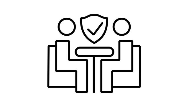 Secure Business Negotiation Agreement Animated Icon. Animated line icon of two businesspeople at a table under a protective shield representing secure corporate partnership contract.