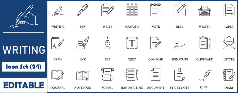 Writing icon set. Containing pen, write, pencil, note, edit, writer, document, nib, text, compose and more. line vector icons collection.