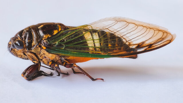 Detailed macro shot of a brown and green cicada insect showcasing its intricate wing structure against a minimalist white studio background