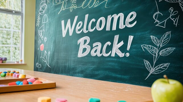 Green chalkboard full wall with Welcome Back cursive and apple, morning light upper left copy space for school name, warm classroom welcome