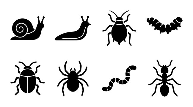 8 Silhouette Icons of Garden Pests and Insects, Flat, for Nature and Pest Control Concepts