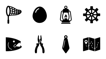 8 Silhouette Icons for Fishing, Travel, and Nautical Themes © Sathi