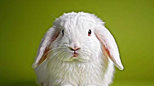 White rabbit with floppy ears moving playfully against a soft green studio background