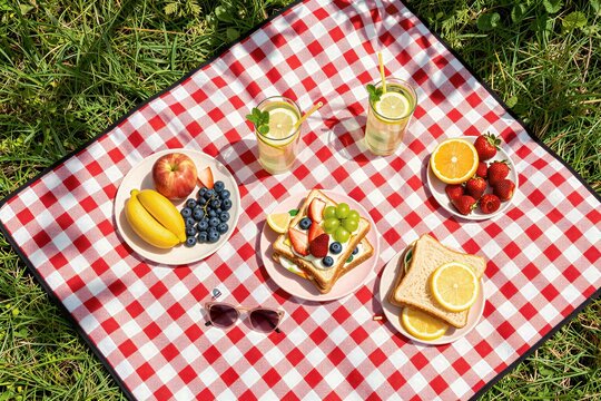 Captures Vibrant Picnic Scene Laid On Red White Checkered Blanket Spread Green Grass Main Subject Assortment Of Fresh Fruits Sandwiches With Lemon