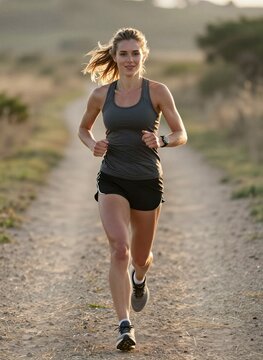 Captures Young Adult Female Engaged In Outdoor Running Activity On To Dirt Path Late Afternoon As Suggested By Warm Golden Hues Of Sunlight