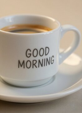 White Ceramic Cup With Phrase Good Morning Printed In Bold Black Letters On Side Filled To Coffee As Indicated By Dark Liquid Crema