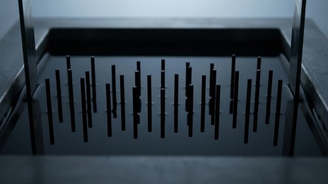 暗い流体中で粒子が電場により垂直な柱状に瞬間整列する物理現象のCG