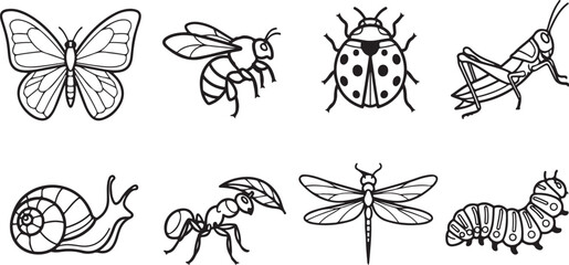 Black and white line drawing of eight different insects and bugs © mahafuza