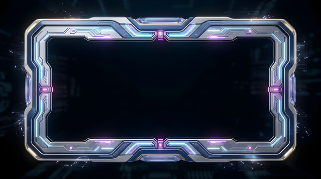 Futuristic metallic border frame with glowing blue and purple lights for gaming stream overlay
