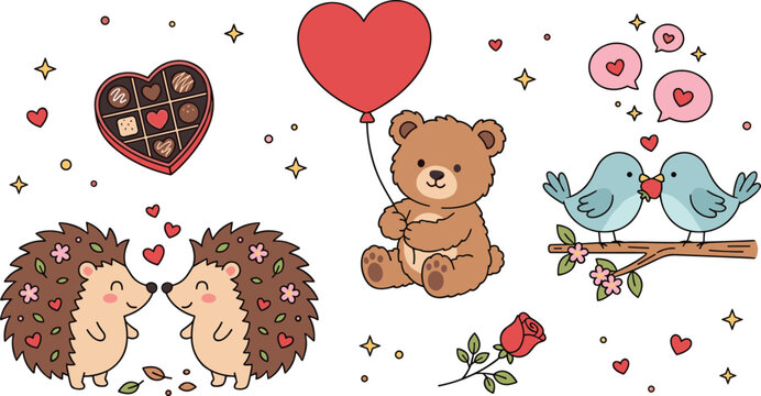Vector cartoon collection of cute Valentines Day animal characters featuring teddy bear with balloon lovebirds kissing on branch and hedgehog couple near chocolate box stickers