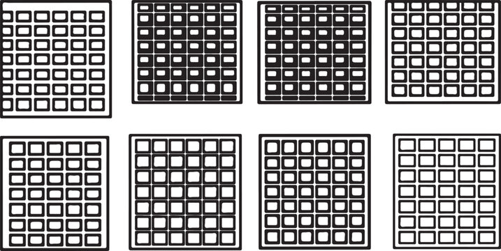 Geometric grid patterns with varying empty square designs in black and white