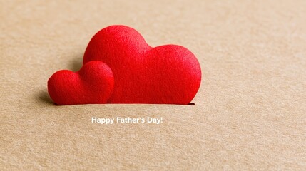 Fototapeta premium Two red felt hearts resting on textured brown paper surface with text reading Happy Fathers Day