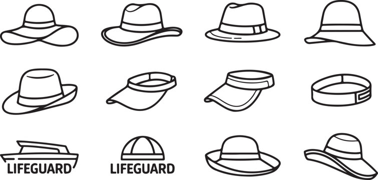 Variety of stylized hats and lifeguard caps vector illustration