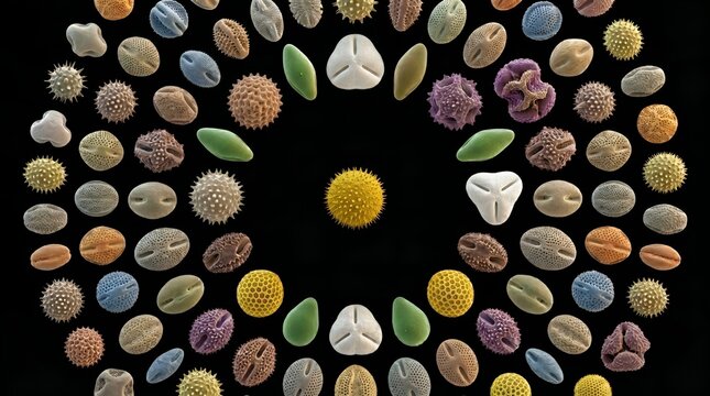 Concentric radial pattern of diverse plant pollen grains, colored scanning electron microscope SEM illustration