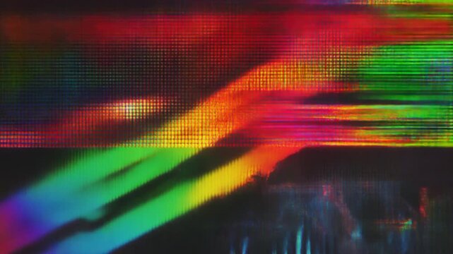 A dynamic abstract animation of digital glitch effects on a dark background, featuring colorful RGB chromatic aberration, pixel distortion, and retro CRT screen scanlines