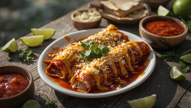 Mexican style enchiladas with melted cheese and red sauce tex mex enchiladas tortillas casserole culinary traditional homemade restaurant authentic delicious ingredients flavorful