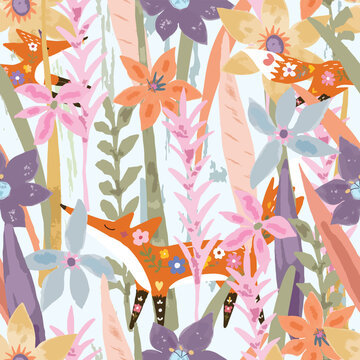Cute funny wolf fox in wildflower forest cartoon seamless pattern