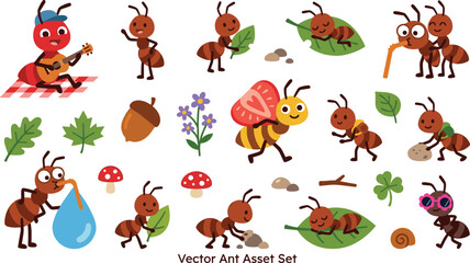 Naklejka premium Vector cartoon collection of cute ant assets featuring little insects playing acoustic guitar sleeping on leaves drinking sweet nectar carrying stones and butterfly friends